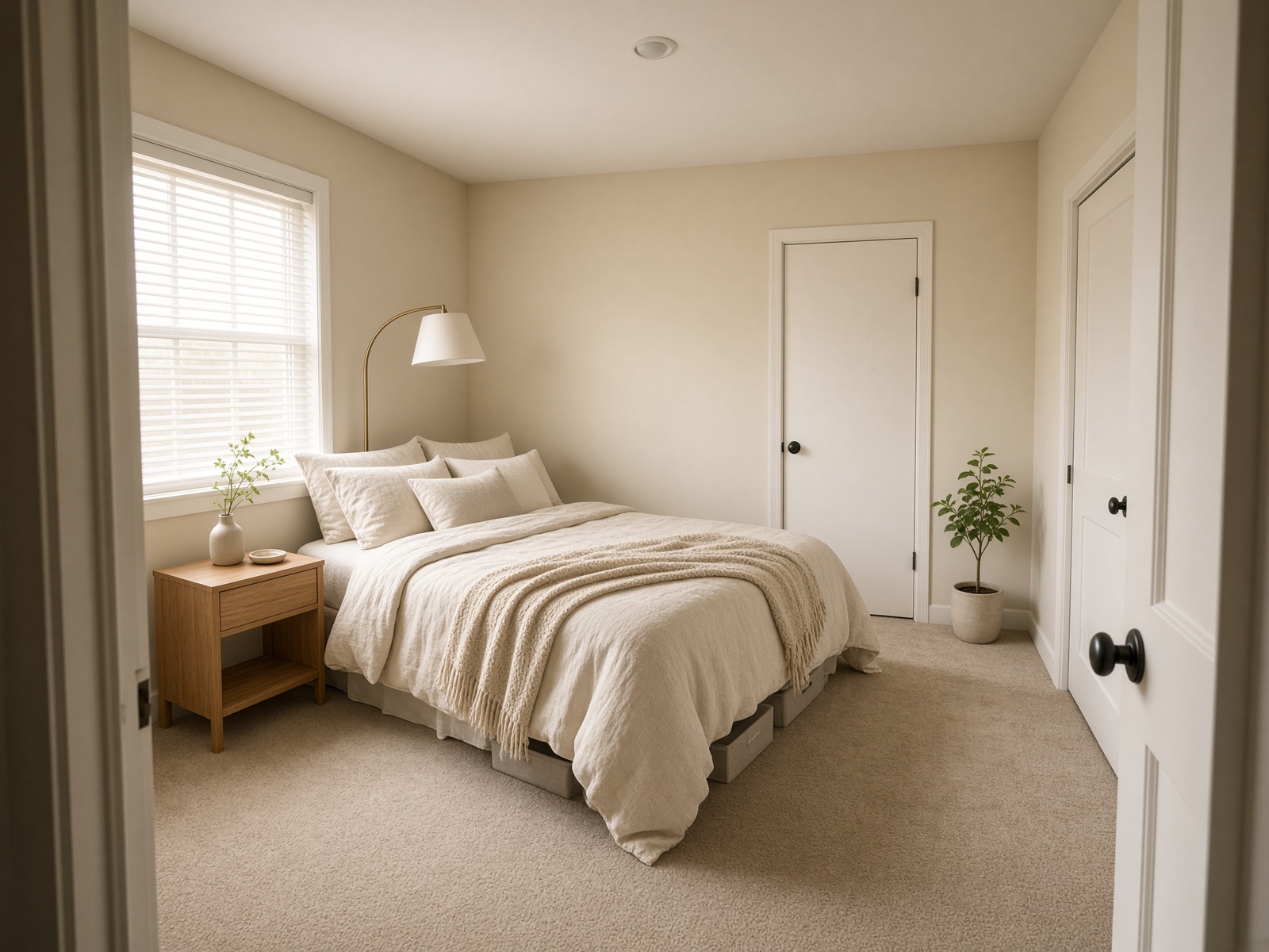 The same rental bedroom, cleared and restyled